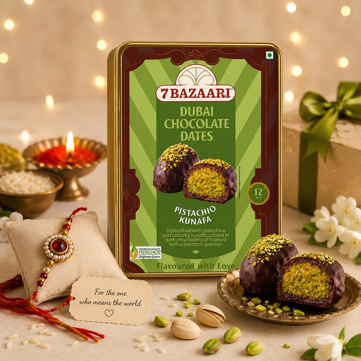 7 BAZAARI Rakhi Special Dubai Kunafa Chocolate Dates - 12 Pcs With Rakhi
