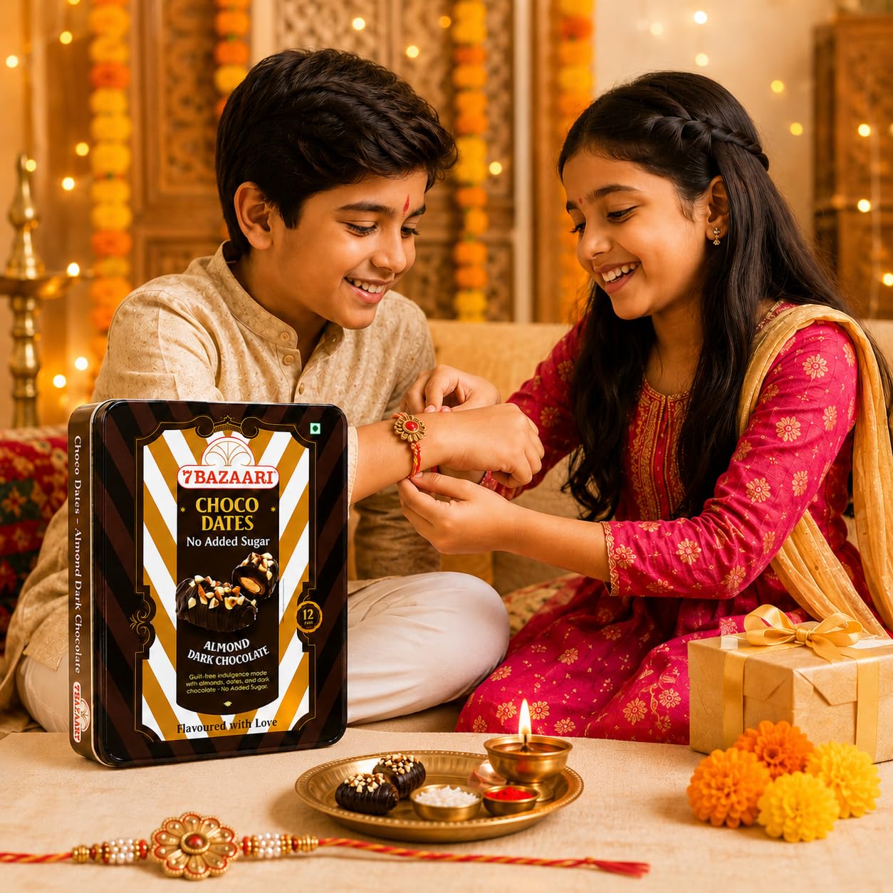 No Added Sugar Choco Dates with Almonds in Premium Tin (12 pcs) With Rakhi