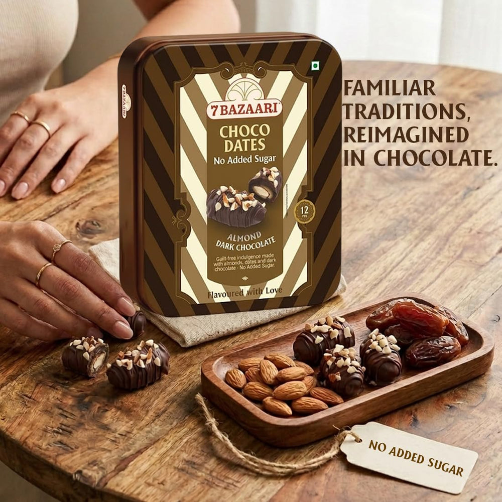 No Added Sugar Choco Dates with Almonds in Premium Tin (12 pcs) With Rakhi