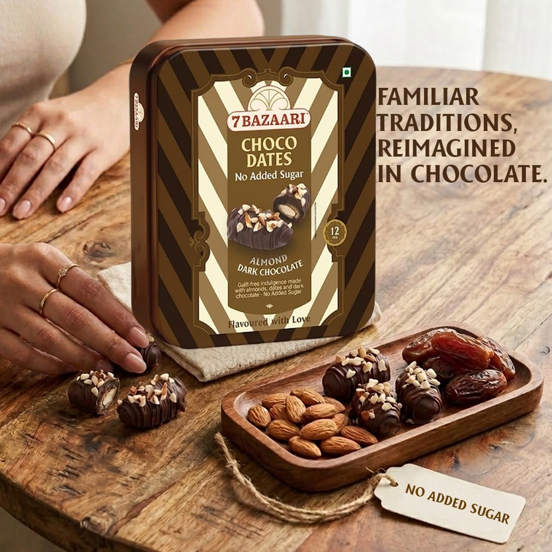No Added Sugar Choco Dates with Almonds in Premium Tin (12 pcs) With Rakhi