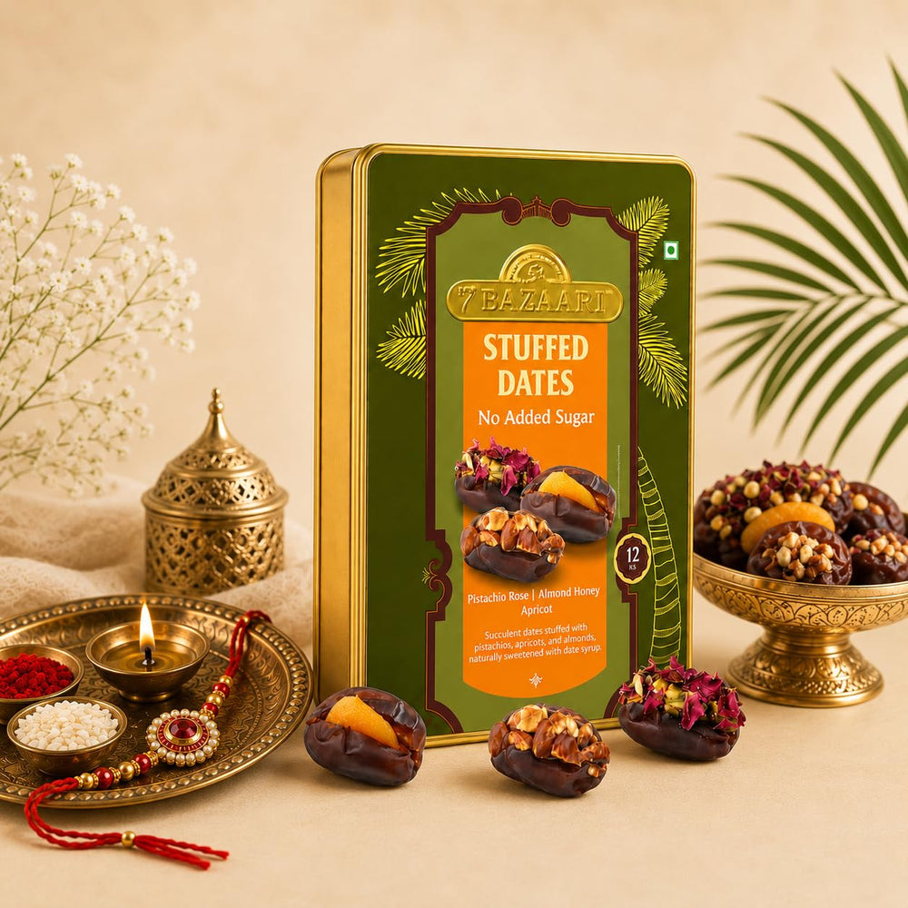 Premium Rakhi Gift Box - Stuffed Dates Healthy Mithai (Pack of 12) With Rakhi