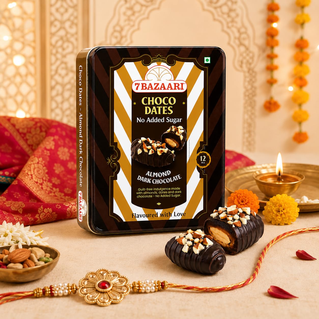 No Added Sugar Choco Dates with Almonds in Premium Tin (12 pcs) With Rakhi