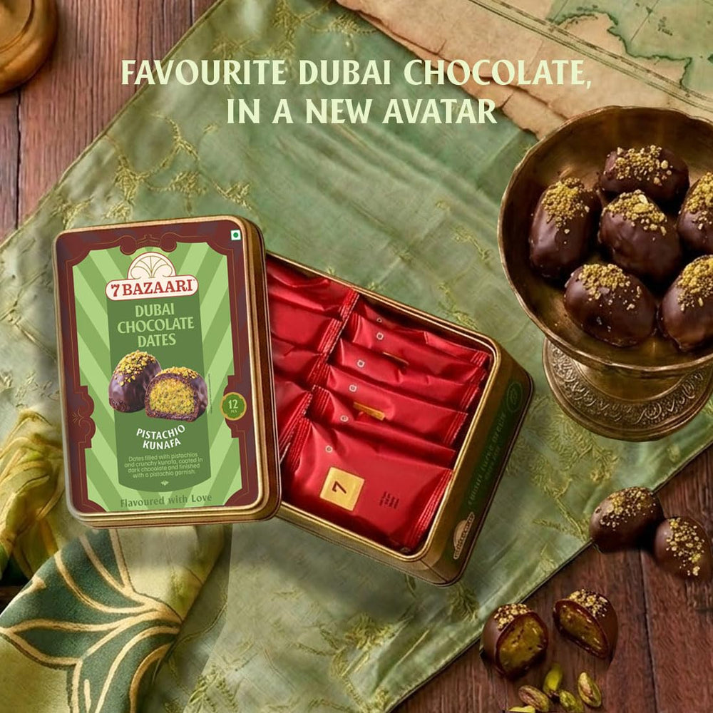 7 BAZAARI Rakhi Special Dubai Kunafa Chocolate Dates - 12 Pcs With Rakhi