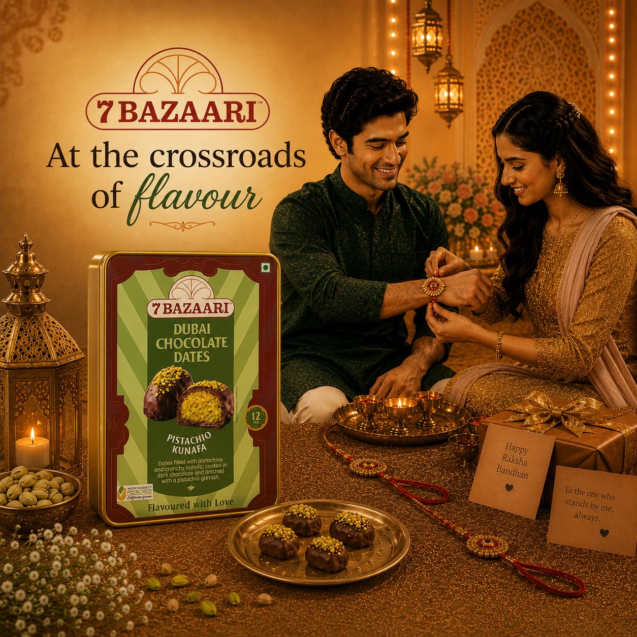 7 BAZAARI Rakhi Special Dubai Kunafa Chocolate Dates - 12 Pcs With Rakhi