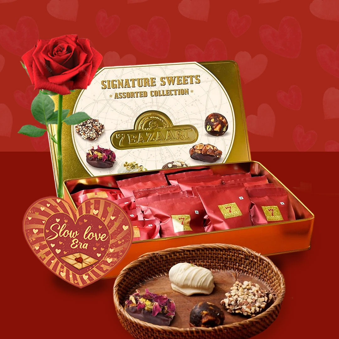 Valentine's special Signature Assorted Sweet Treat box With Artificial Rose and Card